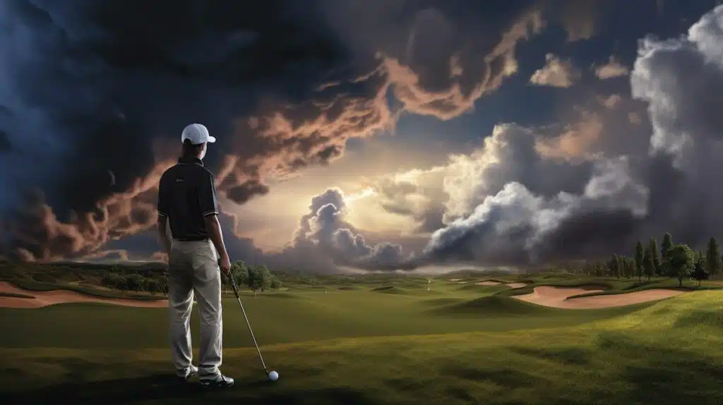 can you golf in the rain golfer standing on course with clouds in the distance