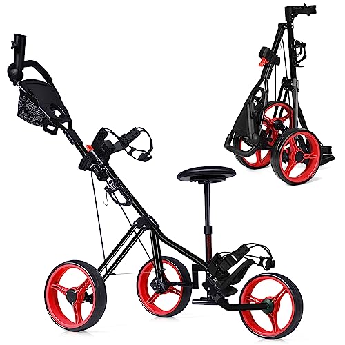 Tangkula Golf Push Cart with Seat, Lightweight Folding 3 Wheels Golf Pull Cart, Golf Trolley with Scoreboard Bag Foot Brake, Cup & Umbrella Holder, Height-Adjustable Handle, Golf Push Pull Cart