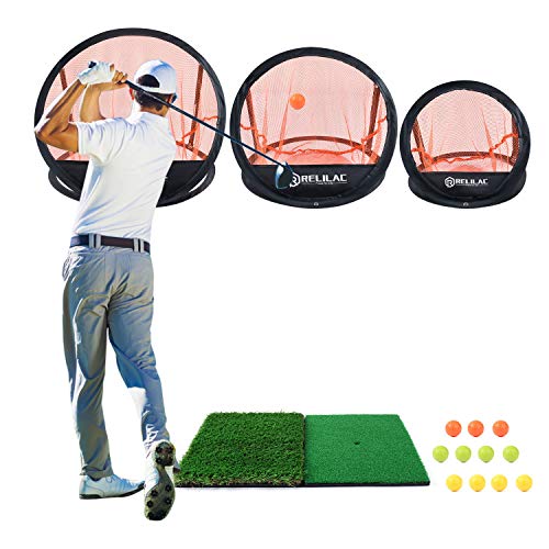 RELILAC 3 Piece Golf Chipping Net with Dual Turf Hitting Mat and 12 Foam Training Balls - Indoor/Outdoor Golfing Target Accessories and Backyard Practice Swing Game - Great Gifts for Men Golfers