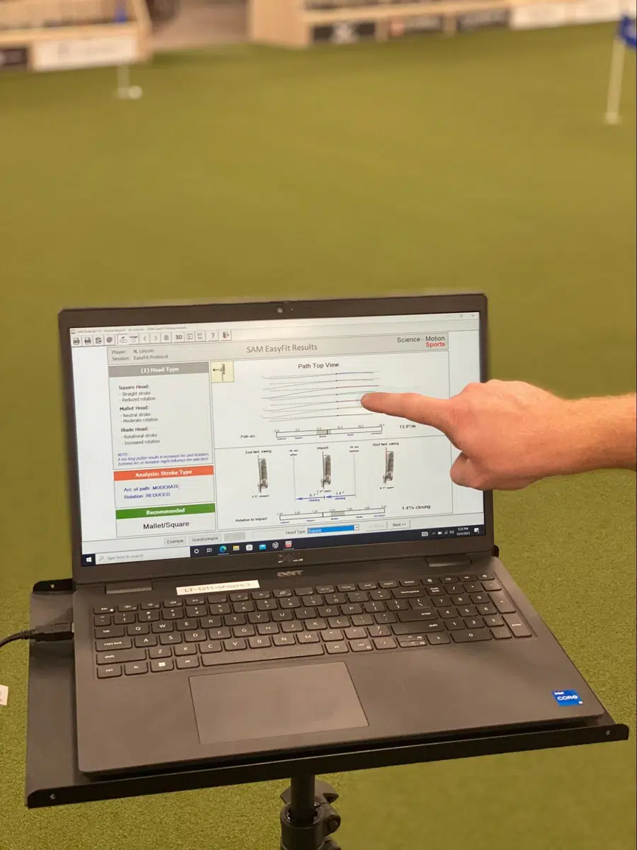 putter fitting software analysis SAM PuttLab with path top view during PGA Tour Superstore club fitting