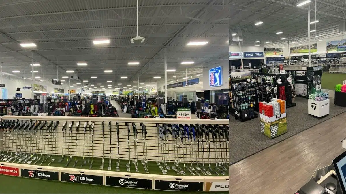 pga tour superstore interior in-store showing racks of putters, clothing, putting greens during club fitting