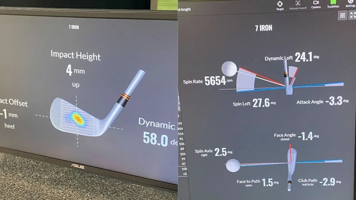 computer images showing launch monitor data from irons like impact height, impact offset, dynamic loft, face angle, face to path, spin axis, spin rate, spin loft, attack angle, club path and more