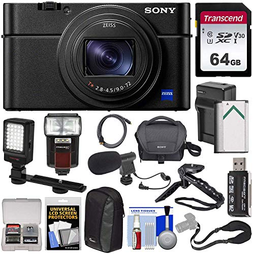 Sony Cyber-Shot DSC-RX100 VII 4K Wi-Fi Digital Camera with 64GB Card + Battery & Charger + Cases + Grip/Tripod + Flash + Video Light + Mic Kit