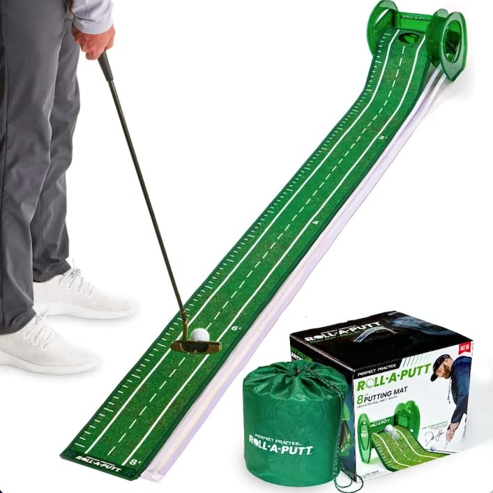 ROLL-A-PUTT by PERFECT PRACTICE - 8ft Portable Putting Green with Ball Return and Roll-Away Base for Fast and Easy Putting Practice Anywhere – Golf Accessories, Golf Gifts for Men