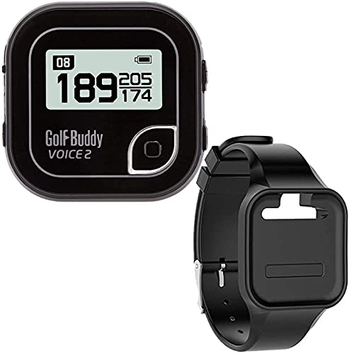 Golf Buddy Voice 2 Talking GPS Rangefinder (Bundle), Long Lasting Battery Golf Distance Range Finder & Silicon Strap Wristband, Easy-to-use Golf Navigation for Hat (Black Voice 2 + Black Wristband)
