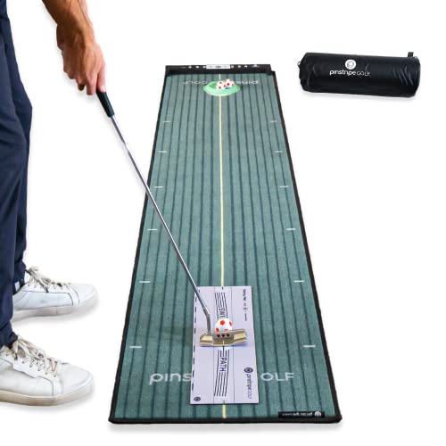 Golf Putting Mat by Pinstripe Golf – Indoor Putting Green – Complete Home Putting Studio Includes Putting Mat, Swing Mat, Cup, Aim Board & Storage Bag – Green, 7.87 feet x 1.64 feet