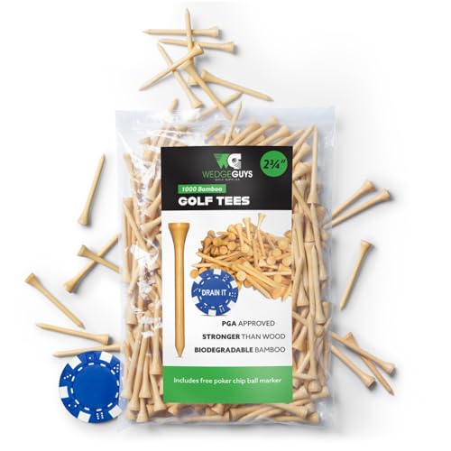 Wedge Guys Bamboo Golf Tees 2-3/4 Inch - 1000pcs. Free Ball Marker - Stronger Than Wood Tees Biodegradable & Less Friction, PGA Professional Approved, Bulk Bag