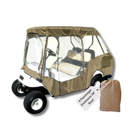 Formosa Covers 2+2 Passenger Golf Cart Driving Enclosure Cover Premium Tight Weave New Stronger YKK Door Zipper (2 Passenger Short Roof 58' + 2 Passenger Rear Facing Bench) (Taupe)