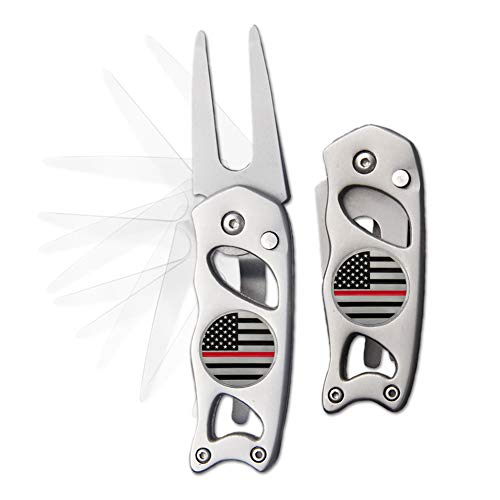 Indiana Metal Craft Thin Red Line Switchblade Golf Divot Repair Tool Stainless Steel with 2 Removable Ball Markers