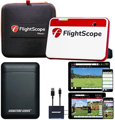 FlightScope Mevo+ 2023 Edition - Golf Launch Monitor, Rangefinder and Simulator with Pro Package and Signature Power Bundle | 50+ Full Swing, Short Game, D-Plane Data, 10 Courses, 17 Practice Ranges