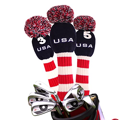 BIG TEETH Knitted Golf Club Head Covers Set of 3 Driver 460cc Fairway Hybrid UT Covers Pom Pom with Number Tag